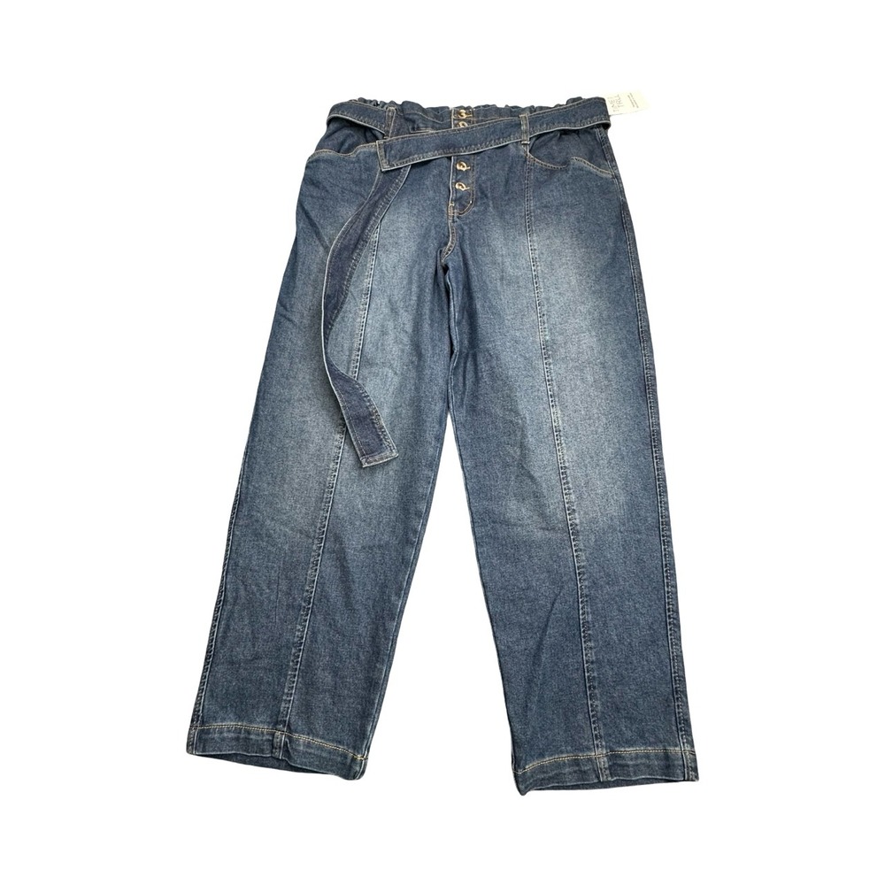 Time and Tru Jeans Womens 20 Blue Paperbag Wide Leg High Rise Belted Button Fly